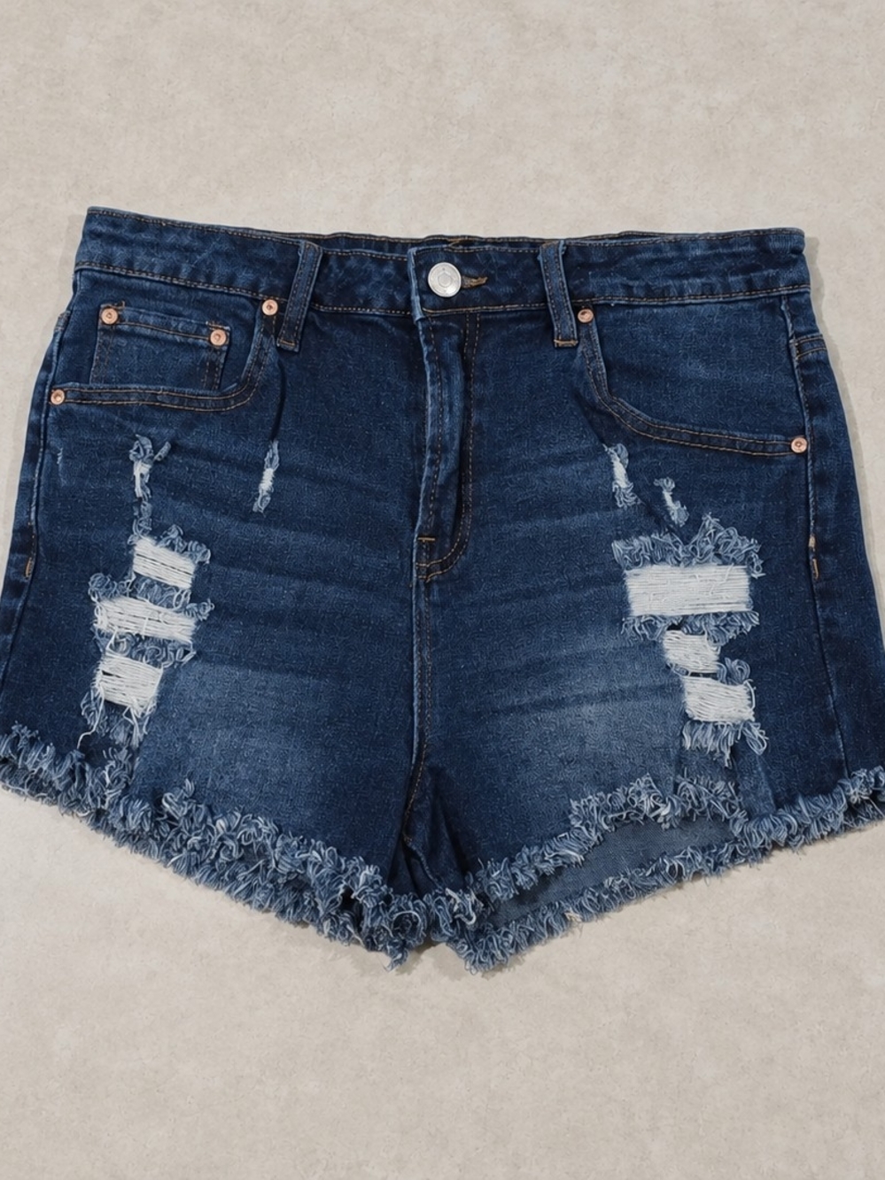 Almost Famous Size 13 High Rise Distressed Denim Shorts Dark Wash Frayed Hem
